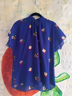 Vintage Royal Blue Geometric Print Blouse